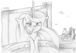 Size: 6928x4848 | Tagged: safe, artist:flutterstormreturns, character:princess celestia, species:alicorn, species:pony, newbie artist training grounds, absurd resolution, atg 2019, bed, female, floppy ears, mare, monochrome, sick, solo, thermometer, traditional art