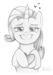 Size: 1347x1920 | Tagged: safe, artist:flutterstormreturns, character:rarity, species:pony, newbie artist training grounds, atg 2019, female, floating heart, heart, lidded eyes, looking at you, monochrome, secret admirer, smiling, solo, traditional art