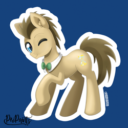 Size: 900x900 | Tagged: safe, artist:piripaints, character:doctor whooves, character:time turner, species:earth pony, species:pony, blue background, clothing, cute, doctorbetes, ear fluff, looking at you, male, one eye closed, outline, simple background, solo, stallion, wink