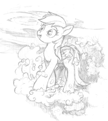 Size: 1000x1125 | Tagged: safe, artist:yewdee, character:rainbow dash, species:pegasus, species:pony, newbie artist training grounds, atg 2019, cloud, female, mare, monochrome, sketch, solo, traditional art