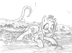 Size: 1000x744 | Tagged: safe, artist:yewdee, character:fluttershy, species:crab, species:pegasus, species:pony, newbie artist training grounds, atg 2019, beach, female, happy, jellyfish, mare, monochrome, ocean, octopus, sketch, solo, tentacles, traditional art, water, wave, wet mane