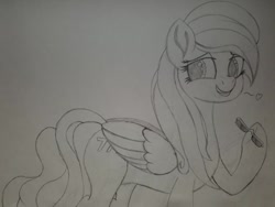 Size: 728x546 | Tagged: safe, artist:straighttothepointstudio, oc, oc only, oc:serendipity, species:pegasus, species:pony, black and white, cute, cutie mark, drawing, female, glasses, grayscale, long mane, mare, monochrome, smiling, solo, traditional art