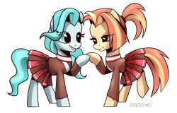 Size: 1962x1254 | Tagged: safe, artist:nancy-05, character:lighthoof, character:shimmy shake, species:earth pony, species:pony, episode:2-4-6 greaaat, clothing, cute, female, lightorable, mare, pleated skirt, ponytail, raised hoof, raised leg, shakeabetes, simple background, skirt, sweater, transparent background