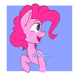 Size: 768x768 | Tagged: safe, artist:tylerdashart, character:pinkie pie, species:earth pony, species:pony, abstract background, bust, cute, diapinkes, ear fluff, female, mare, open mouth, profile, solo