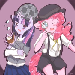 Size: 2048x2048 | Tagged: safe, artist:moh_mlp2, character:pinkie pie, character:twilight sparkle, species:anthro, episode:mmmystery on the friendship express, g4, my little pony: friendship is magic, clothing, deerstalker, detective, female, hat, john watson, magic, magnifying glass, pipe, sherlock holmes, telekinesis