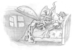 Size: 1200x797 | Tagged: safe, artist:yewdee, character:queen chrysalis, character:starlight glimmer, species:changeling, species:pony, species:unicorn, newbie artist training grounds, atg 2019, bed, changeling queen, female, kite, mare, monochrome, open window, that pony sure does love kites, window
