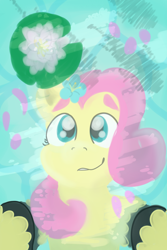 Size: 800x1200 | Tagged: safe, artist:antimationyt, character:fluttershy, species:pony, bust, eyebrows, female, flower, flower in hair, full face view, hooves, lily pad, looking at something, mare, reflection, smiling, solo, water