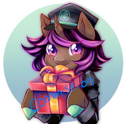 Size: 689x689 | Tagged: safe, artist:yamikonek0, oc, oc only, species:pony, species:unicorn, bust, clothing, colored hooves, commission, curved horn, hat, horn, present, solo, watermark
