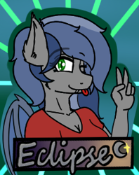 Size: 234x295 | Tagged: safe, artist:eclipsepenumbra, artist:eclipsethebat, oc, oc only, oc:eclipse penumbra, species:anthro, species:bat pony, badge, bat pony oc, con badge, female, solo, tongue out