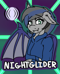Size: 234x288 | Tagged: safe, artist:eclipsepenumbra, artist:eclipsethebat, oc, oc only, oc:nightglider, species:anthro, species:bat pony, badge, bat pony oc, bat wings, clothing, con badge, cutie mark, hoodie, smiling, solo, wings