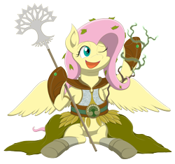 Size: 3000x2825 | Tagged: safe, artist:janji009, part of a set, character:fluttershy, species:pegasus, species:pony, armor, belt, crossover, female, hooves, leaves, magic, magic the gathering, mare, one eye closed, open mouth, part of a series, ravnica, selesnya, simple background, solo, staff, transparent background, wings