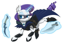 Size: 3000x2125 | Tagged: safe, artist:janji009, part of a set, character:rarity, species:pony, species:unicorn, assassin, card game, clothing, crossover, fantasy class, female, hooves, horn, house dimir, levitation, magic, magic aura, magic the gathering, mare, part of a series, ravnica, simple background, solo, sword, telekinesis, transparent background, weapon