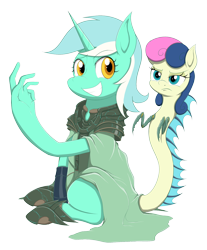 Size: 3000x3619 | Tagged: safe, artist:janji009, part of a set, character:bon bon, character:lyra heartstrings, character:sweetie drops, species:pony, armor, bon bon is not amused, card game, clothing, crossover, female, fusion, hand, magic the gathering, mare, monster pony, mutant, part of a series, ravnica, robe, simic combine, simple background, species swap, that pony sure does love hands, transparent background, unamused