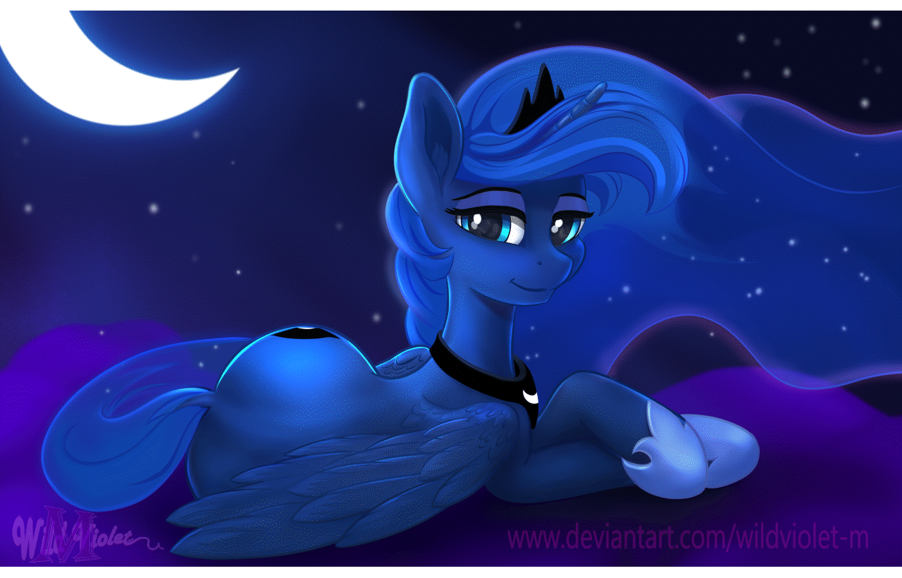 Size: 1280x820 | Tagged: safe, artist:wildviolet-m, character:princess luna, species:alicorn, species:pony, animated, blinking, cloud, crescent moon, crossed hooves, cute, ear fluff, ethereal mane, female, galaxy mane, gif, jewelry, lidded eyes, looking at you, mare, moon, night, prone, regalia, smiling, stars