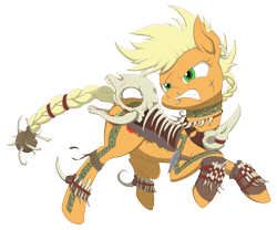 Size: 3000x2493 | Tagged: safe, artist:janji009, part of a set, character:applejack, species:earth pony, species:pony, angry, armor, barbarian, bone, braided tail, card game, crossover, ear piercing, earring, female, gruul clans, high res, horse skull, jewelry, magic the gathering, mare, necklace, nose piercing, part of a series, piercing, ravnica, scar, short hair, simple background, skull, solo, tattoo, transparent background