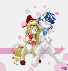 Size: 2450x2550 | Tagged: safe, artist:inkystylus12, artist:tonystorm12, oc, oc only, oc:hollie, oc:snowy blue, species:pony, species:unicorn, belly button, bow, clothing, kool-aid, looking at each other, scarf, socks