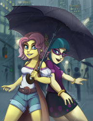 Size: 2693x3508 | Tagged: safe, artist:gabbslines, character:juniper montage, character:vignette valencia, my little pony:equestria girls, clothing, duo, fanfic, fanfic art, fanfic cover, glasses, parody, rain, shorts, skirt, traffic light, umbrella, vignette valencia