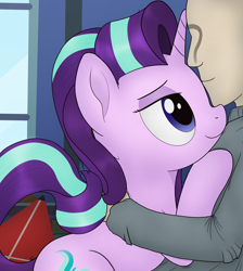 Size: 1156x1291 | Tagged: safe, artist:noosa, character:starlight glimmer, oc, oc:anon, species:human, species:pony, species:unicorn, book, cuddling, cute, faceless male, female, glimmerbetes, hugging a pony, human male, kite, looking at each other, male, mare, messy mane, offscreen character, romantic, smiling, window
