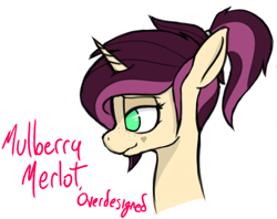Size: 1386x1096 | Tagged: safe, artist:pinkberry, oc, oc only, oc:mulberry merlot, species:pony, species:unicorn, bust, colored, female, flat colors, freckles, heart, mare, ponytail, side view, simple background, smiling, smirk, solo, tattoo, text, white background
