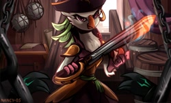 Size: 2000x1200 | Tagged: safe, artist:nancy-05, character:captain celaeno, my little pony: the movie (2017), clothing, food, glowing sword, hat, league of legends, orange, pirate, pirate hat, pirate ship, sword, weapon