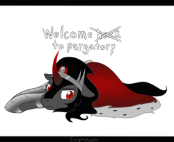 Size: 1100x900 | Tagged: safe, artist:enigmadoodles, character:king sombra, species:pony, species:unicorn, episode:the beginning of the end, g4, my little pony: friendship is magic, cute, floppy ears, frown, implied death, jewelry, letterboxing, male, prone, purgatory, regalia, simple background, solo, sombradorable, stallion, white background