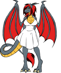 Size: 1060x1273 | Tagged: safe, artist:burningsnowflakeproductions, oc, oc:calvia, species:anthro, species:dragon, blushing, breasts, cleavage, clothing, dragoness, dress, embarrassed, female, hands behind back, horns, tail, tsundere, wings