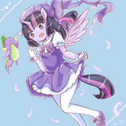 Size: 2048x2048 | Tagged: safe, artist:moh_mlp2, character:spike, character:twilight sparkle, character:twilight sparkle (alicorn), species:alicorn, species:anthro, species:dragon, species:pony, anime, cardcaptor sakura, clothing, crossover, cute, dress, female, hat, magical girl, male, mary janes, moe, pantyhose, plushie, sakura cardcaptor, shoes, skirt, skirt lift
