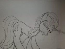 Size: 2016x1512 | Tagged: safe, artist:straighttothepointstudio, character:starlight glimmer, species:pony, species:unicorn, black and white, crying, eyes closed, female, grayscale, magic, monochrome, sad, shivering, solo, tears of pain, traditional art