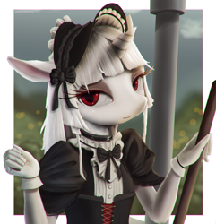 Size: 1997x2069 | Tagged: safe, artist:starkdust, oc, oc only, species:anthro, species:pony, species:unicorn, anthro oc, clothing, crossdressing, gloves, looking at you, maid, male, solo, stallion, trap