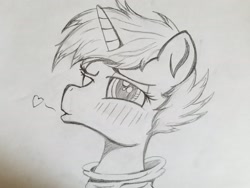 Size: 2016x1512 | Tagged: safe, artist:straighttothepointstudio, oc, oc only, oc:snowy blue, species:pony, species:unicorn, black and white, blowing a kiss, blushing, clothing, grayscale, heart, hoodie, male, monochrome, one eye closed, solo, stallion, traditional art, trap, wink