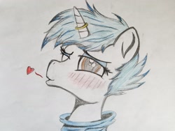 Size: 2016x1512 | Tagged: safe, alternate version, artist:straighttothepointstudio, oc, oc only, oc:snowy blue, species:pony, species:unicorn, blowing a kiss, blushing, clothing, colored, heart, hoodie, horn, horn ring, male, married, one eye closed, ring, solo, stallion, traditional art, trap, wink