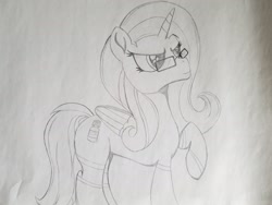 Size: 2016x1512 | Tagged: safe, artist:straighttothepointstudio, oc, oc only, oc:pepto, species:alicorn, species:pony, black and white, determined, drawing, glasses, grayscale, monochrome, solo, traditional art