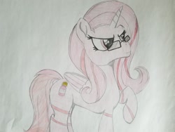 Size: 2016x1512 | Tagged: safe, alternate version, artist:straighttothepointstudio, oc, oc only, oc:pepto, species:alicorn, species:pony, colored, determined, drawing, glasses, solo, traditional art