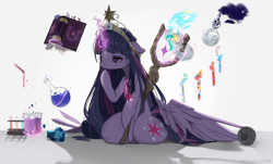 Size: 1032x623 | Tagged: safe, artist:togeticisa, character:princess celestia, character:princess luna, character:starlight glimmer, character:twilight sparkle, character:twilight sparkle (alicorn), species:alicorn, species:pony, episode:the cutie map, g4, my little pony: friendship is magic, alchemy, big crown thingy, blood, book, crystal heart, cutie mark, female, jewelry, potion, regalia, solo, staff, staff of sameness, tiara