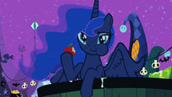Size: 1280x720 | Tagged: safe, artist:lazypixel, edit, edited screencap, editor:slayerbvc, screencap, character:princess luna, species:alicorn, species:pony, episode:luna eclipsed, g4, my little pony: friendship is magic, accessory-less edit, apple, barehoof, eating, female, food, mare, missing accessory, night, puffy cheeks, solo