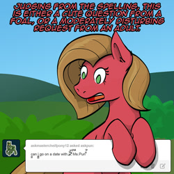 Size: 800x800 | Tagged: safe, artist:thekuto, oc, oc:pun, species:earth pony, species:pony, ask pun, ask, female, mare, solo