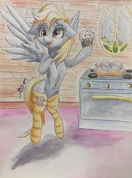 Size: 2618x3525 | Tagged: safe, artist:galinn-arts, character:derpy hooves, bipedal, clothing, cute, derpabetes, female, floppy ears, food, hoof hold, muffin, oven, signature, smiling, socks, solo, striped socks, traditional art, watercolor painting