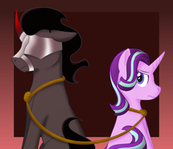 Size: 1100x950 | Tagged: safe, artist:enigmadoodles, character:king sombra, character:starlight glimmer, species:pony, species:unicorn, fanfic:shadow of a doubt, abstract background, duo, fanfic, fanfic art, fanfic cover, female, floppy ears, frown, looking back, male, mare, mask, missing accessory, muzzle, prisoner, rope, sitting, stallion, wip