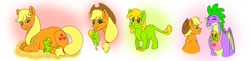 Size: 1280x311 | Tagged: safe, artist:bellbell123, character:applejack, character:spike, oc, oc:crispin apple, parent:applejack, parent:spike, parents:applespike, species:dracony, ship:applespike, alternate hairstyle, cute, female, hybrid, interspecies offspring, male, mouth hold, offspring, scruff, shipping, straight