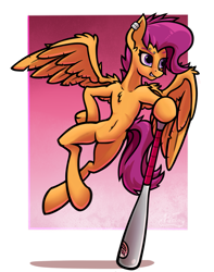 Size: 1255x1590 | Tagged: safe, artist:hc0, character:scootaloo, species:pegasus, species:pony, baseball bat, ear piercing, female, looking at you, piercing, smiling, solo