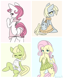 Size: 840x1046 | Tagged: safe, artist:kirinit, character:derpy hooves, character:fluttershy, species:earth pony, species:pegasus, species:pony, backless, backwards virgin killer sweater, blushing, butt, chest fluff, clothing, crotchboobs, cute, cutie mark, dock, female, looking at you, mare, nudity, open-back sweater, pastel, plot, quartet, simple background, sitting, sketch, sketch dump, sleeveless sweater, standing, sweater, sweatershy, virgin killer sweater, wardrobe misuse, wings