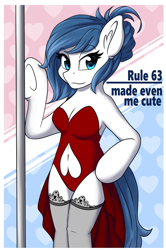 Size: 728x1098 | Tagged: safe, artist:melodis, oc, oc only, arm hooves, bipedal, clothing, female, navel cutout, rule 63, semi-anthro, simple background, solo