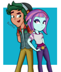 Size: 822x973 | Tagged: safe, artist:ro994, character:sunny flare, character:timber spruce, g4, my little pony: equestria girls, my little pony:equestria girls, clothing, female, looking at each other, male, pants, shipping, smiling, straight, timberflare