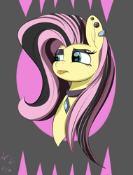 Size: 2401x3157 | Tagged: safe, artist:wilshirewolf, character:fluttershy, species:pegasus, species:pony, episode:fake it 'til you make it, alternate hairstyle, annoyed, bust, ear piercing, earring, edgy, emoshy, female, jewelry, piercing, portrait, solo, tongue out, tongue piercing
