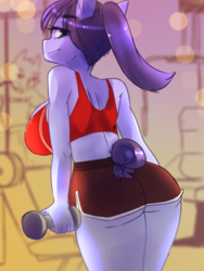 Size: 1500x2000 | Tagged: safe, artist:klaudy, species:anthro, species:pony, ass, booty shorts, busty oc, butt, clothing, commission, female, gym, gym uniform, midriff, ponytail, sexy, shorts, smiley face, solo, sports bra, sports shorts, sweat, workout, workout outfit, ych example, ych sketch, your character here