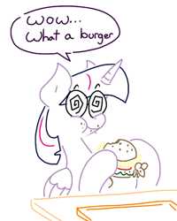 Size: 510x637 | Tagged: safe, artist:doodledandy, character:twilight sparkle, character:twilight sparkle (alicorn), species:alicorn, species:pony, barbara dunkleman, burger, comic, female, food, glasses, mouse, news, rooster teeth animated adventures, solo, swirly glasses, twilight burgkle