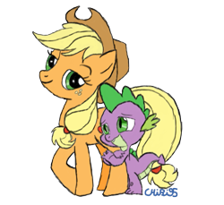 Size: 763x698 | Tagged: safe, artist:chibi95, character:applejack, character:spike, species:dragon, species:earth pony, species:pony, ship:applespike, clothing, cowboy hat, female, freckles, hat, hoof hugs, hug, leg hug, male, mare, raised hoof, shipping, simple background, stock vector, straight, trace, transparent background