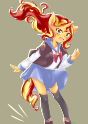 Size: 1448x2048 | Tagged: safe, artist:moh_mlp2, character:sunset shimmer, species:anthro, species:human, blushing, boots, clothing, cute, female, horn, horned humanization, humanized, shoes, skirt, skirt lift, socks, solo, thigh highs, zettai ryouiki