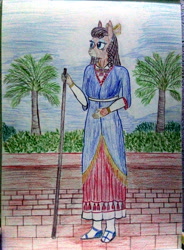 Size: 3060x4160 | Tagged: safe, artist:mildgyth, character:matilda, species:anthro, species:donkey, species:plantigrade anthro, ziragshabdarverse, assyria, bow, clothing, cloud, date palm, dress, hair bow, jewelry, necklace, palm tree, plant, sandals, socks, solo, traditional art, tree, winged sun, younger