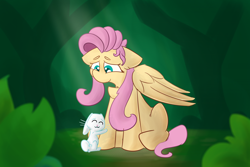 Size: 6000x4000 | Tagged: safe, artist:antimationyt, character:fluttershy, species:pegasus, species:pony, species:rabbit, animal, chest fluff, duo, female, floppy ears, forest, looking at something, looking down, mare, outdoors, sitting, smiling, three quarter view, wings